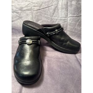 Black Leather Comfort Clogs with Decorative Braided Strap and Silver Medallion 9